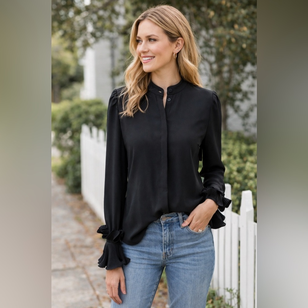 CO Essentials Button-Front Plisse Pleated Cuff Crepe Blouse Size Small